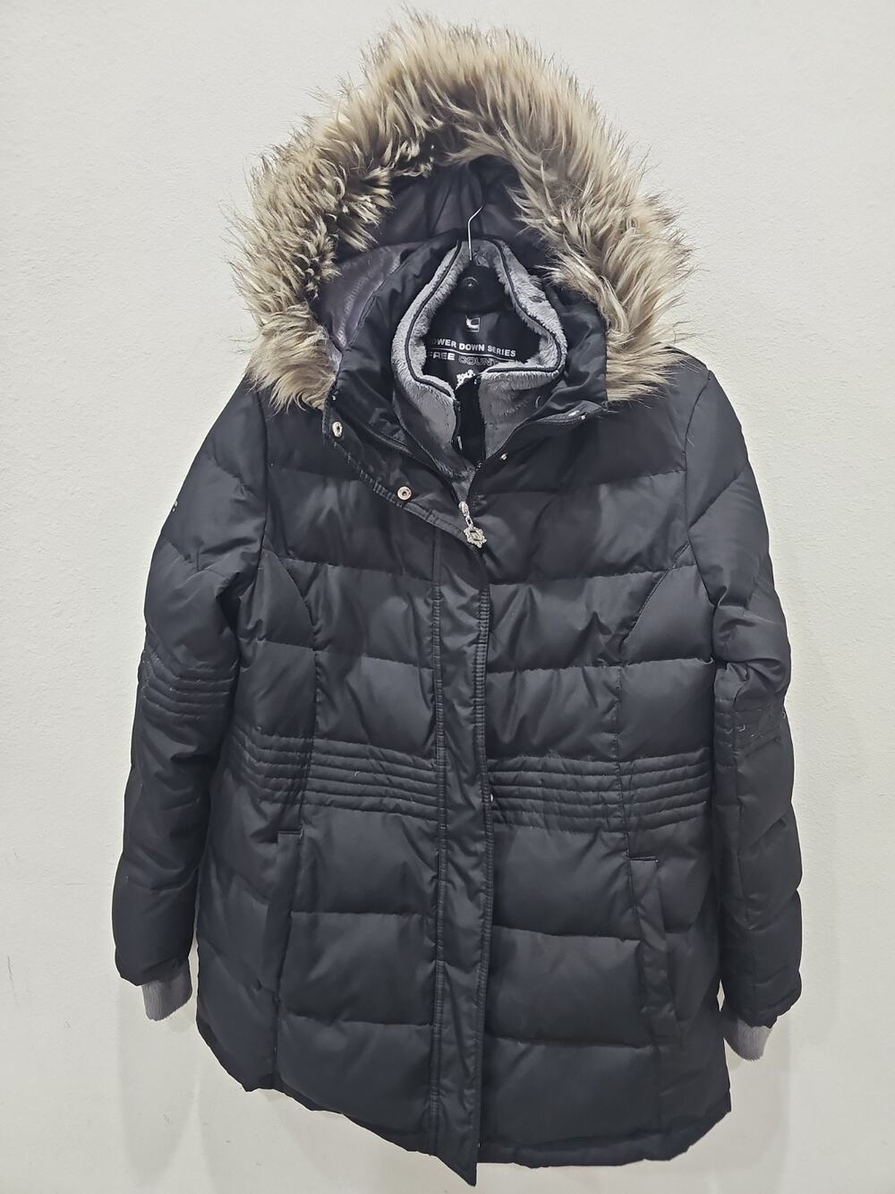 Free Country Power Down Series Winter Black Coat With Faux Fur Lined Hood Size L